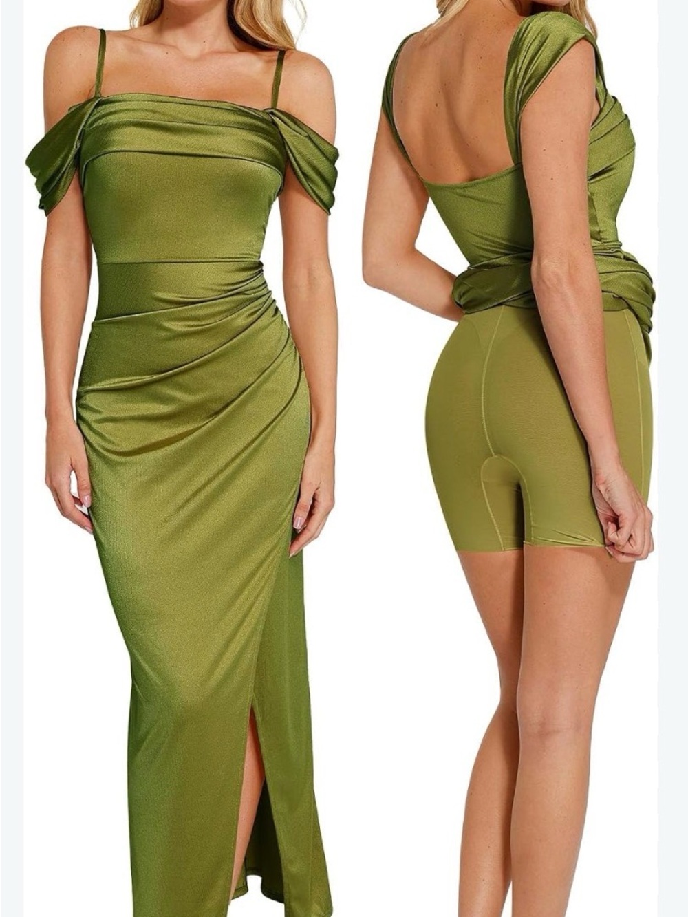 NWOT Popilush Olive 🫒 Green Off-Shoulder Ruched Maxi Dress size medium Shapewear